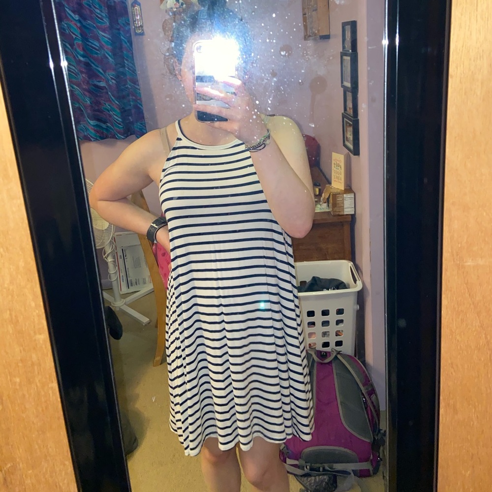 Navy blue and white striped dress